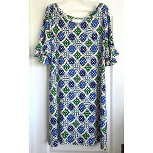 Pappagallo Geometric Print Ruffle Tiered Sleeve Shift Dress‎ Sz XL Resortwear